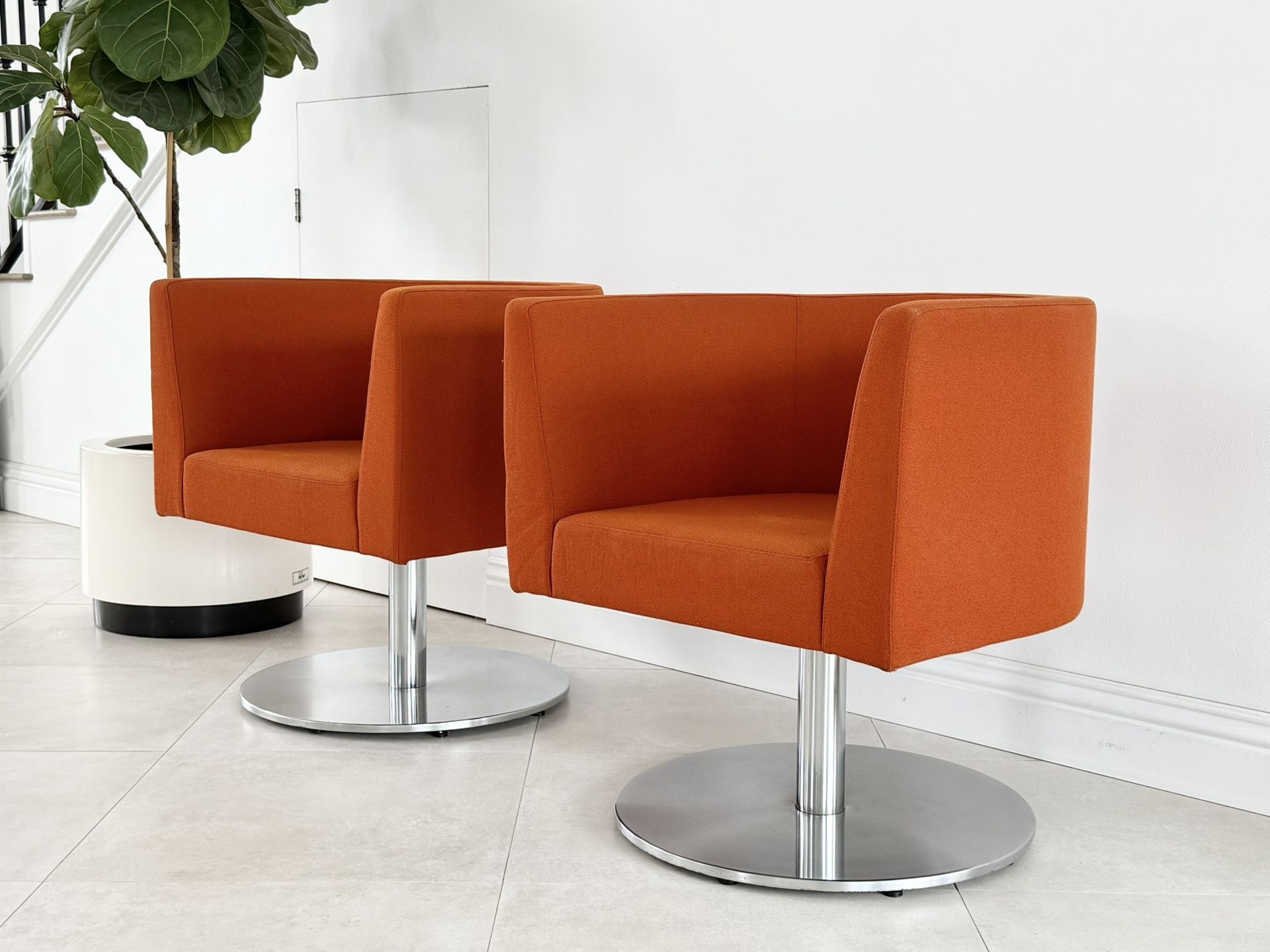 Vintage Teknion Tulip Swivel Designer Lounge Chairs Mid Century Modern Orange Eames Era