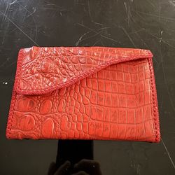 Red Genuine crocodile Skin Women Tri-fold Clutch Wallet