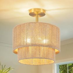 3-Light Boho Fixture Ceiling Mount 12.6" Rattan Semi Flush Mount Rustic Gold Farmhouse Chandelier