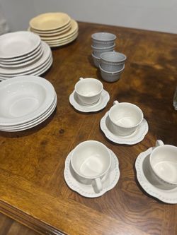 Pottery Barn Emma Dishes granny chic vintage Dinner wear DISCONTINUED OFF “White” Cream Plates Soup Pasta Bowls Cup Saucer Snack Bowls