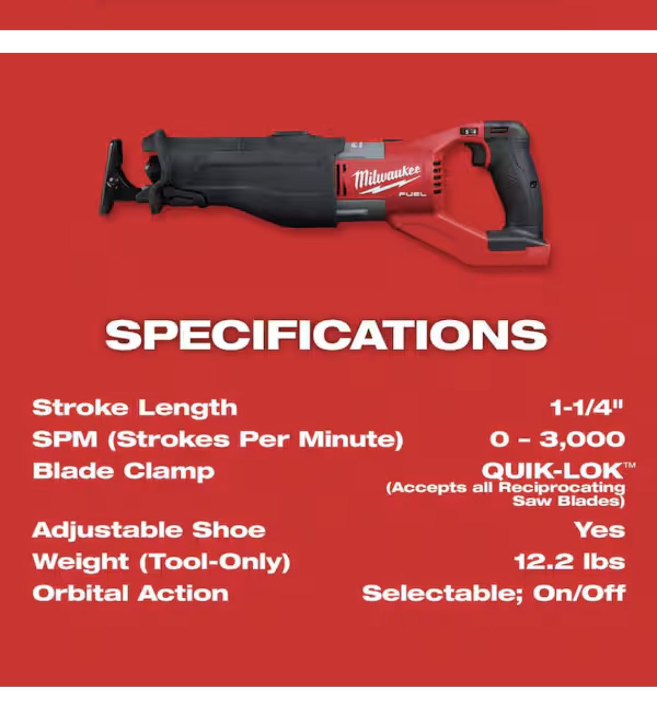 M18 FUEL 18V Lithium-Ion Brushless Cordless Super SAWZALL Orbital Reciprocating Saw (Tool-Only) 