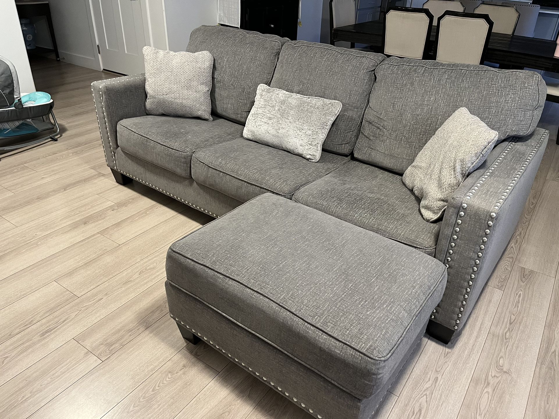 Ashley Studded Grey Sofa With Ottoman