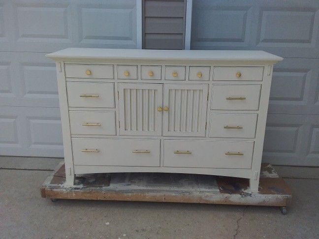 Stunningly Unique Cherry Triple Dresser with 12 Drawers and a Large Divided Open Compartment.