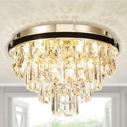 Crystal Chandeliers Flush Mount Ceiling Light Fixture 4 Lights for Bedroom, Dining Room, Hallway, Kitchen-9.84''H, 13.78''W