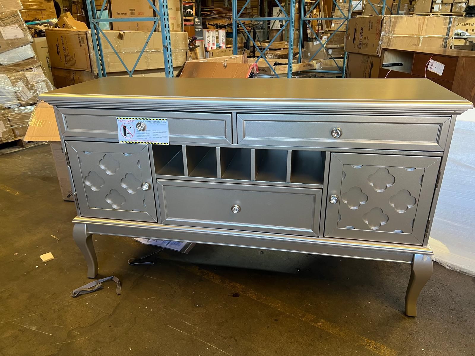 Benjara 60 Inch Buffet Server, 3 Drawers, Wine Storage, Champagne Silver