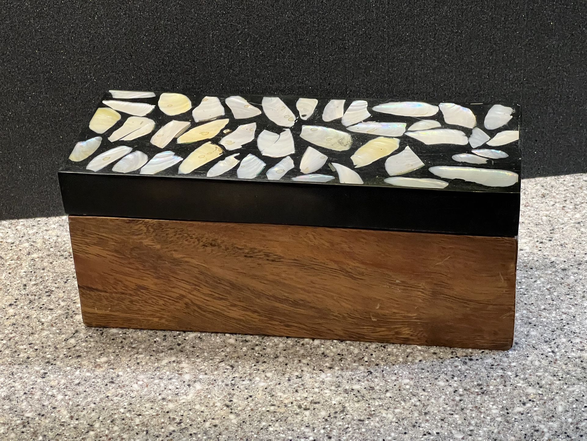 Vintage - wood trinket jewelry box w/ abalone shell inlay on lid rustic primitive $15.00