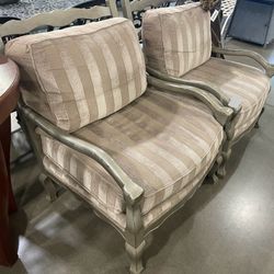 Gorgeous Pair of Oversized Drexel Heritage French Provincial Distressed Silver Wooden Accent Chairs