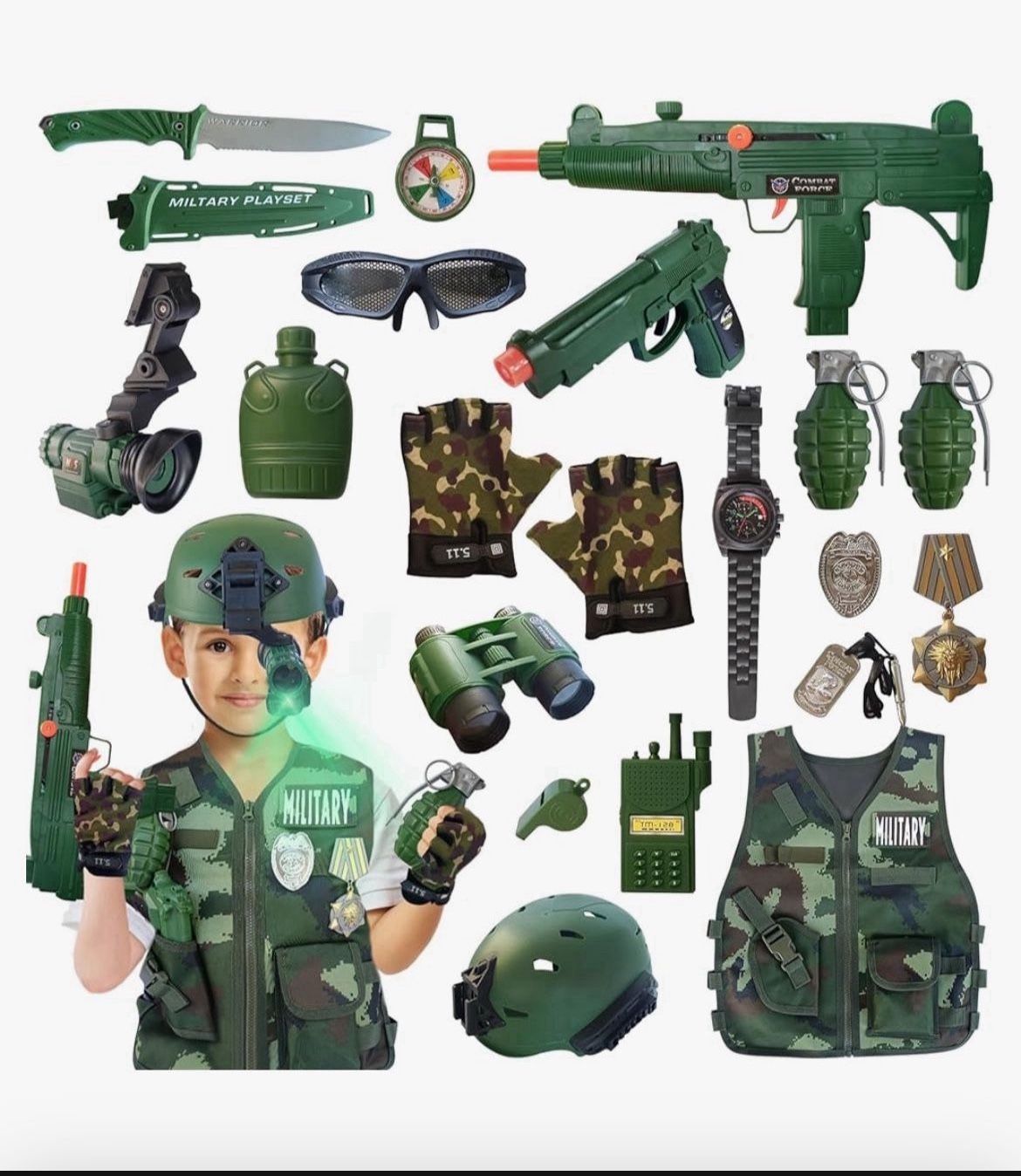 Costume for Kids, Soldier Military Dress up for Boys 3-10, Kids Army Gear Role Play, Halloween Costume Camouflage Set with Vest, Camo Gloves, Hel