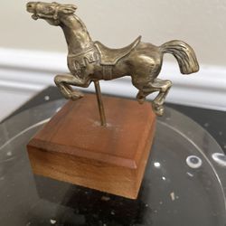 Vintage Brass Carousel Horse Figurine on a Wooden Base 2.5”