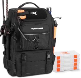 Fishing Backpack with Rod Holder 4 Tackle Boxes, 40/26L -NEW (3026/18)