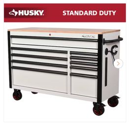 Standard-Duty 52 in. W 10-Drawer Matte White w/ Carbon Fiber Trim Mobile Workbench Cabinet and Solid Wood Top