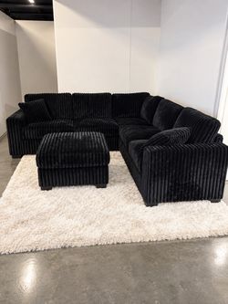 New Fluffy L-Shape Corduroy Sectional with Ottoman — Black or Brown $10 Down
