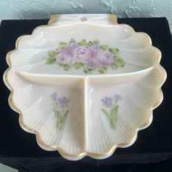 CAMBRIDGE Pink Glass Handpainted Crown Tuscan Seashell Relish Dish