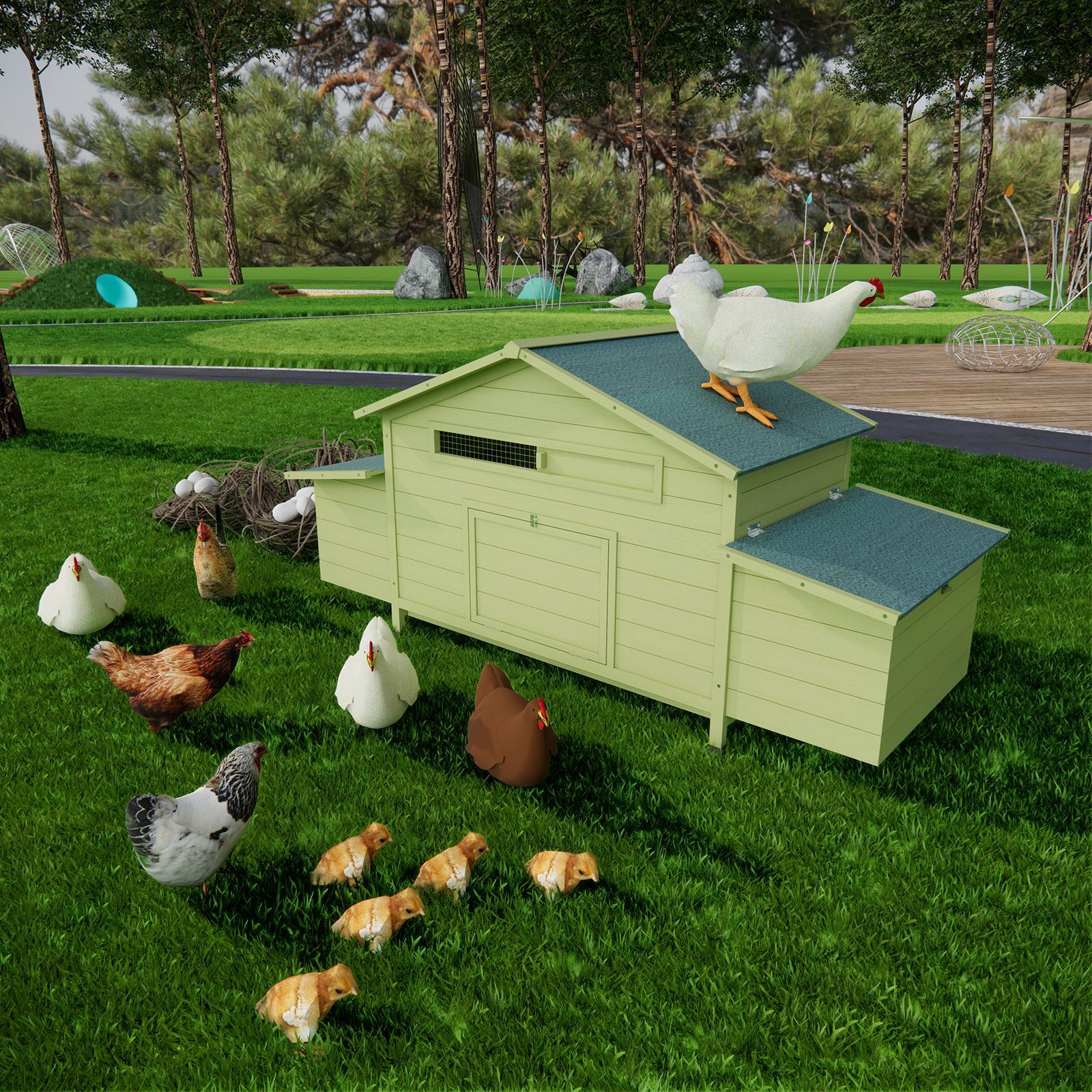 11.12 ft² Large Wooden Chicken Coop Outdoor Hen House Poultry Cage with 2 Free-range Doors ,2 Nesting Boxes,chicken perch inside