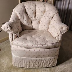 Upholstered Barrel Chair In Cream Embroidered Fabric