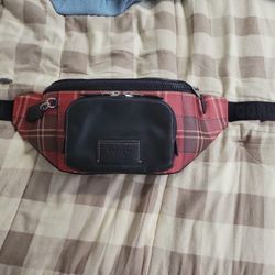 NWT Coach CC031 Track Belt Bag W Tartan Plaid Print Canvas & Leather Red/Blac