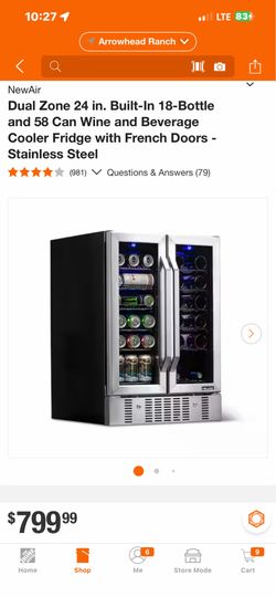 NewAir Dual Zone 24 in. Built-In 18-Bottle and 58 Can Wine and Beverage Cooler Fridge with French Doors - Stainless Steel