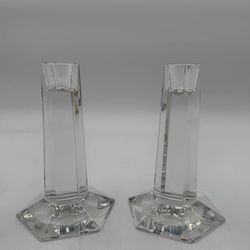 PAIR VinTagE SIGNED TIFFANY & Co CANDLESTICK CRYSTAL COLUMN CANDLE HOLDERS