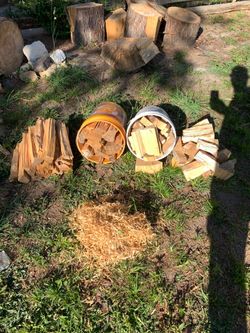 Firepit firewood split seasoned chunks or logs 5 gallon bucket for $5 / 5 for 20 free bag of shavings