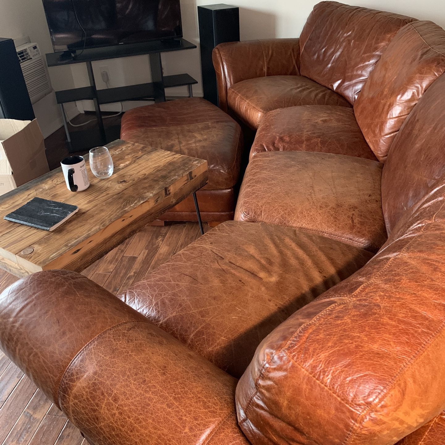 Super Comfy Cognac Leather Couch (with Ottoman)