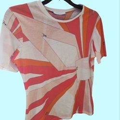 EMILIO PUCCI Crew Neck T-Shirt Geometric Print top USA Small Pink Coral White Like New