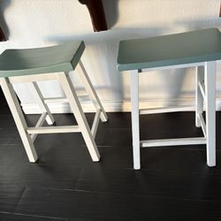 Wood Stools White & teal