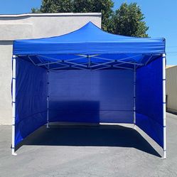 (New in box) $129 Heavy Duty 10x10ft Popup Canopy with 3 Sidewalls, White/Blue
