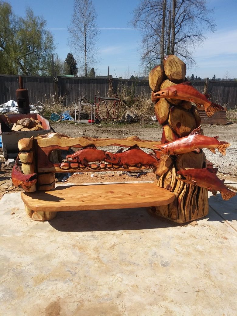 Chainsaw carved salmon bench