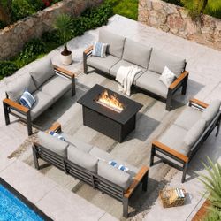 Patio Furniture Set, Aluminum Patio Set with Fire Pit Table and 5" Thicken & Washable Cushion, Waterproof Outdoor Furniture, Outdoor Couch Sectional f