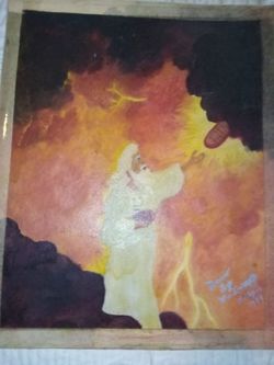 1974 Moses Ten Commandments Canvas Oil Painting Biblical Folk Art Mt. Sinai