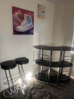 Black glass & chrome bar w/2(set) leather stools $100