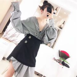 V Neck Fashion Suit Dress Woman Long Sleeve Dress + Short Skirt Suit