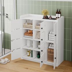 43.6'' Bathroom Floor Cabinet, Freestanding Storage Closet, with 4 Layers 10 Storage Cabinet, White