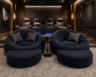 Seatcraft Cuddle Seats (2) + Matching Ottomans + Accessory Table Stand – Home Theater Seating