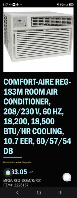 Comfort-Aire REG-183R01 18,000 BTU Window Air Conditioner with Electric Heat and Remote, 208/230V
