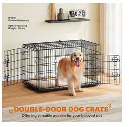 42 inch Double Door Dog Crate w/Divider for Puppy to Adult XL Collapsible Metal Crate with Removable Tray Wire Dog Kennel for Large Dogs Portable Trav