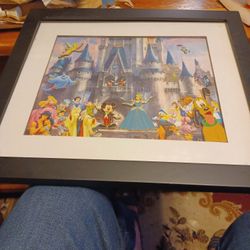 Vtg.  Disney Castle Framed Print With 4 3D Pins.