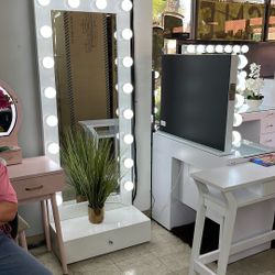 White Stand Mirror With 1 Drawer NEW Hollywood Style Mirror