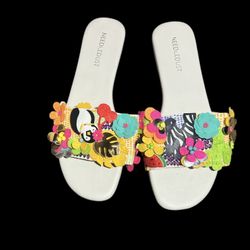 White Floral Flat Womens Sandals 39 New