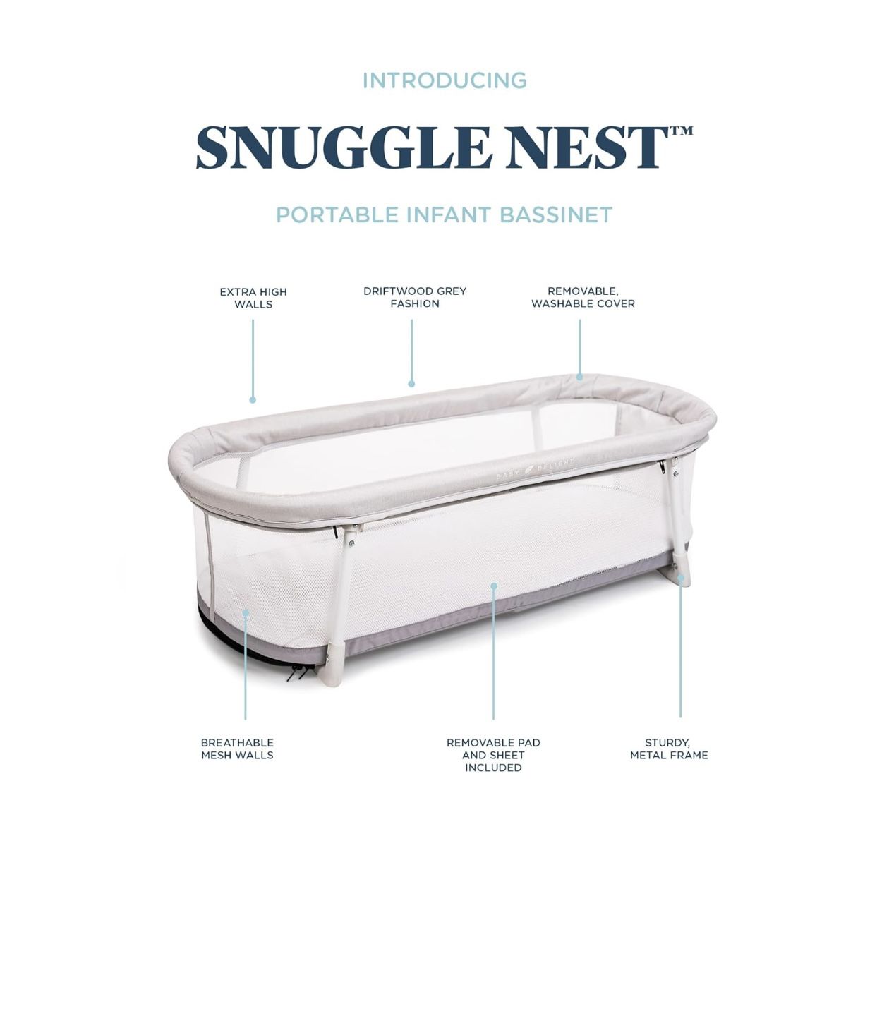 Baby Delight Snuggle Nest Bassinet, Portable Baby Bed, for Infants 0 – 5 Months, Driftwood Grey 