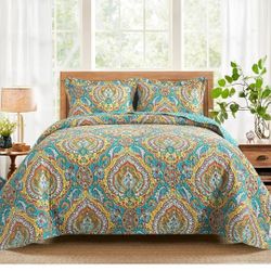 Quilt Queen Size, Boho Queen Quilt Bedding Set, Reversible Bedspread Queen Size Clearance for Farmhouse Bedroom, Damask Lightweight Queen Size Quilt C