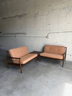 Mid Century Walnut Sofa Set Loveseat Pair + Coffee Table 3 Piece