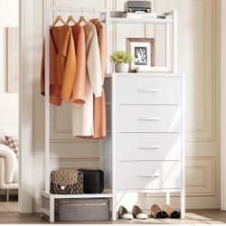 BRAND NEW Yoobure White Dresser with Hanging Rack, with 4 Fabric Drawers