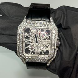 VVS Moissanite Skeleton Cartier Watch | Leather Band