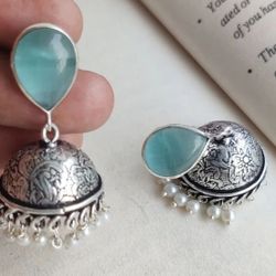 Light Blue Jhumka Small Pearls Brass Earrings 