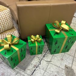 Set of 3 Green and Gold Christmas Gift Box Decorations