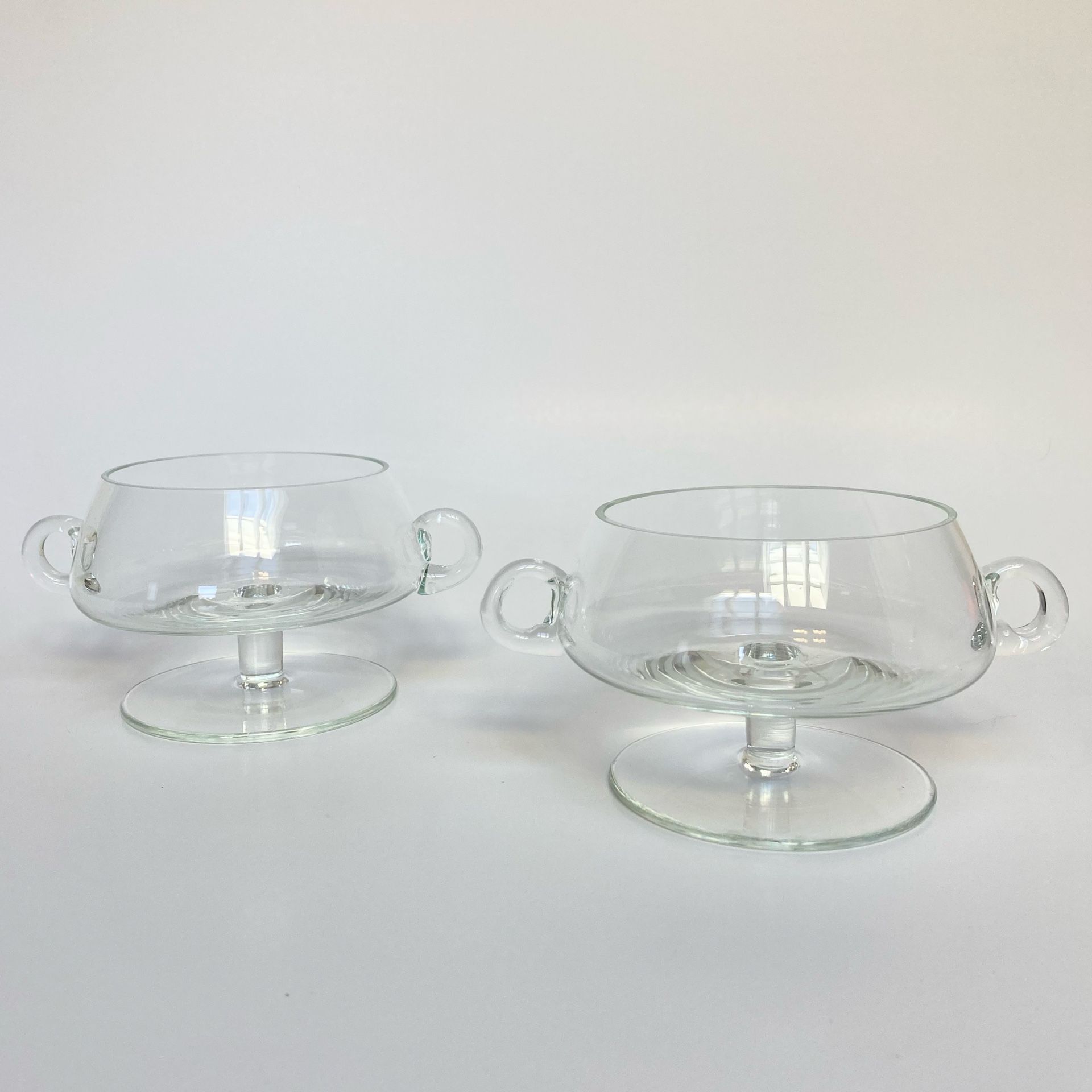 Vintage Clear Glass Double-Handled Soup/Dessert Bowls with Pedestal Bases - Arcadia Romanian Crystal Style