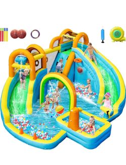 FINCOME Inflatable Water Slide, Bounce House with 2 Slide for Kids, Inflatable Waterslide Park with Splash Pool, Basketball Hoop, Ball Shooting & Wate