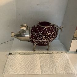 Vintage Red Art rose glass pig figure encased in gold metal cage, has lift out candle holder