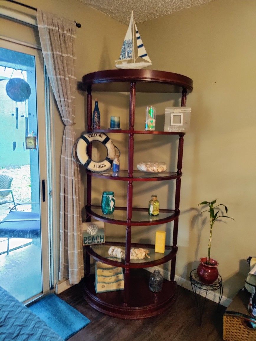 Mahogany Wood Half Round Shelving Unit, Shelves Are Glass. 6ft X 3ft, depth 16"